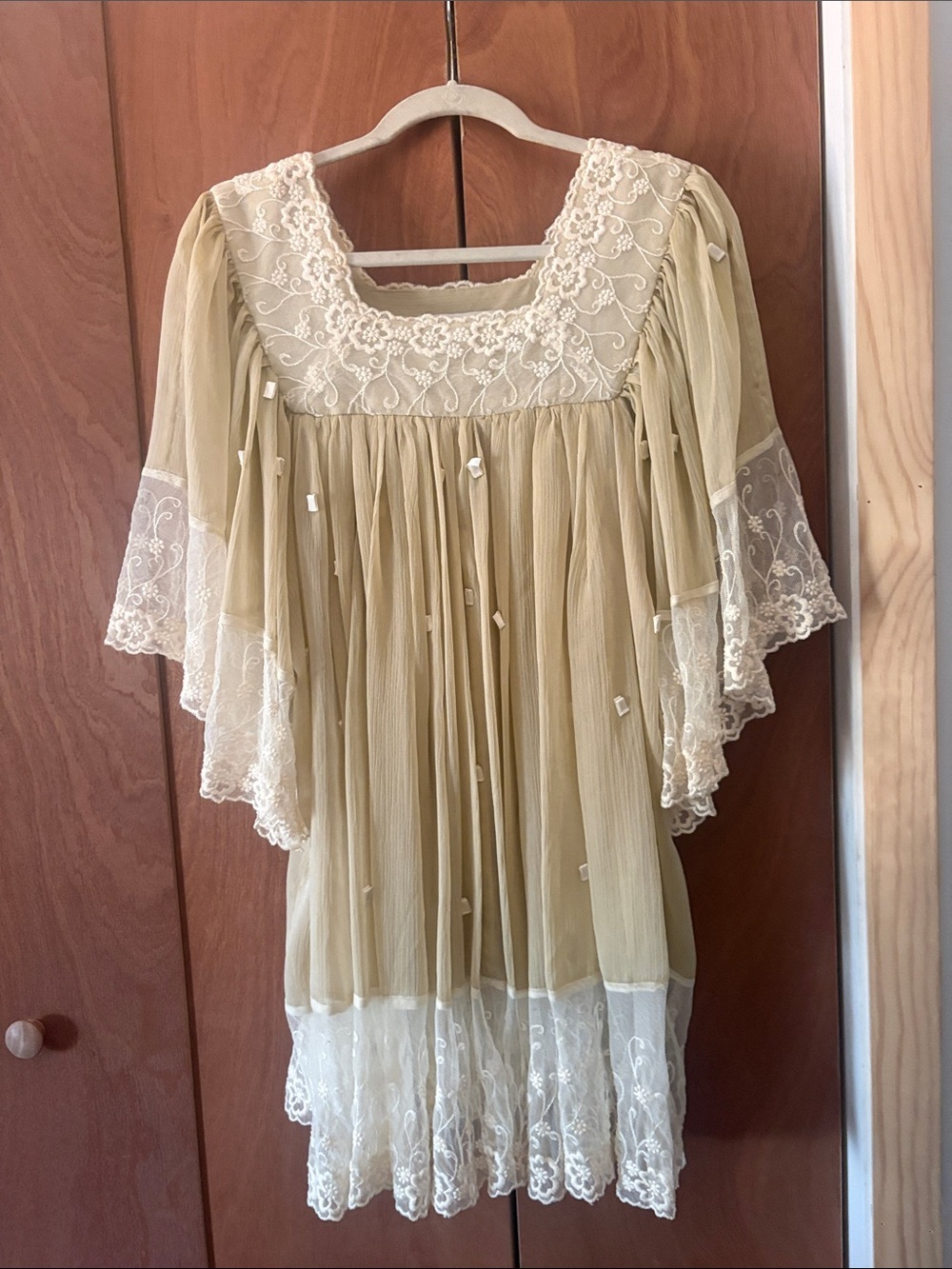 Sheer Embroidered Square-Neck Tunic in Light Beige